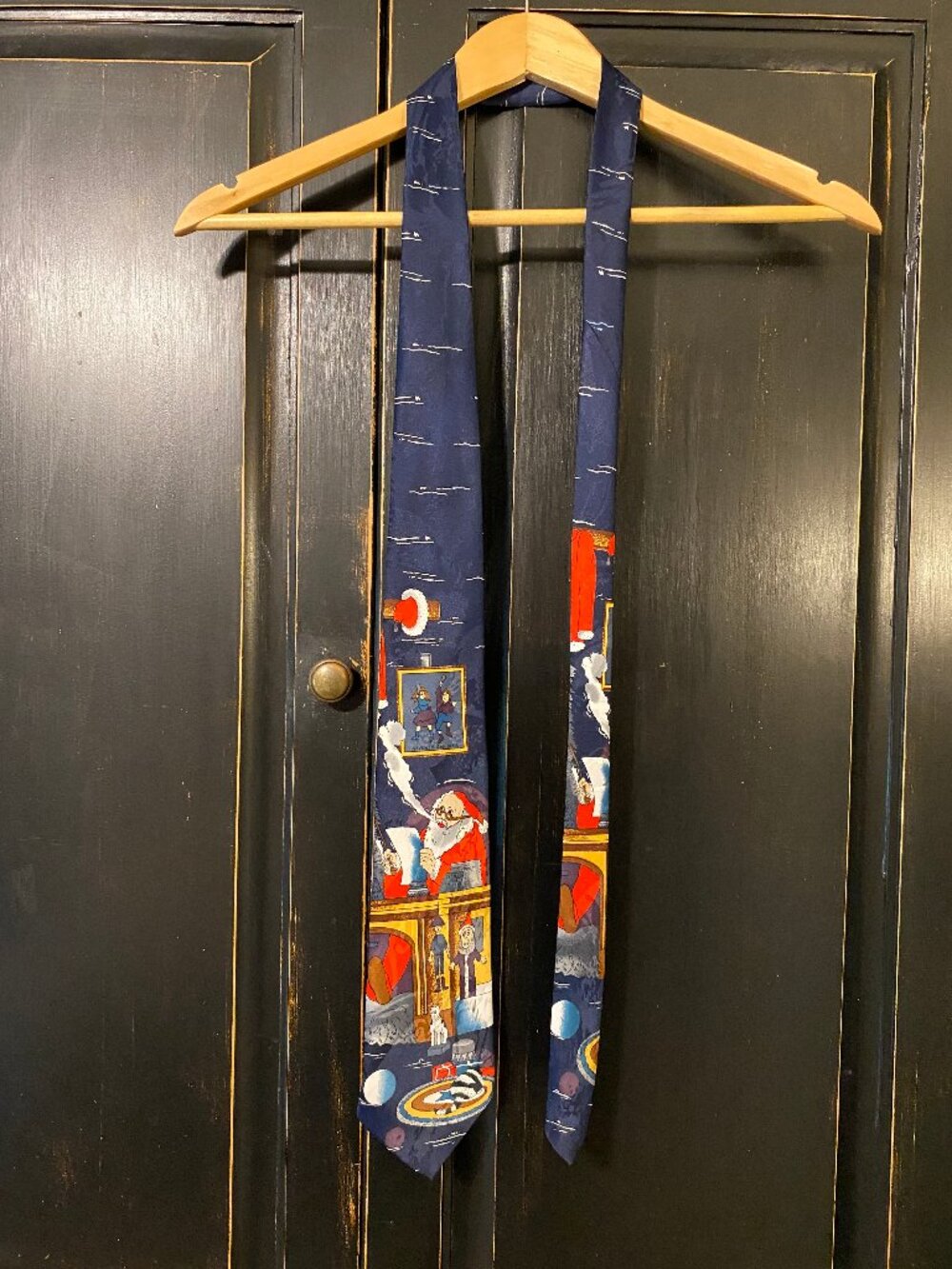 Dimoda - Santa Claus Christmas Necktie - Navy Blue 100% Silk Novelty Holiday Tie